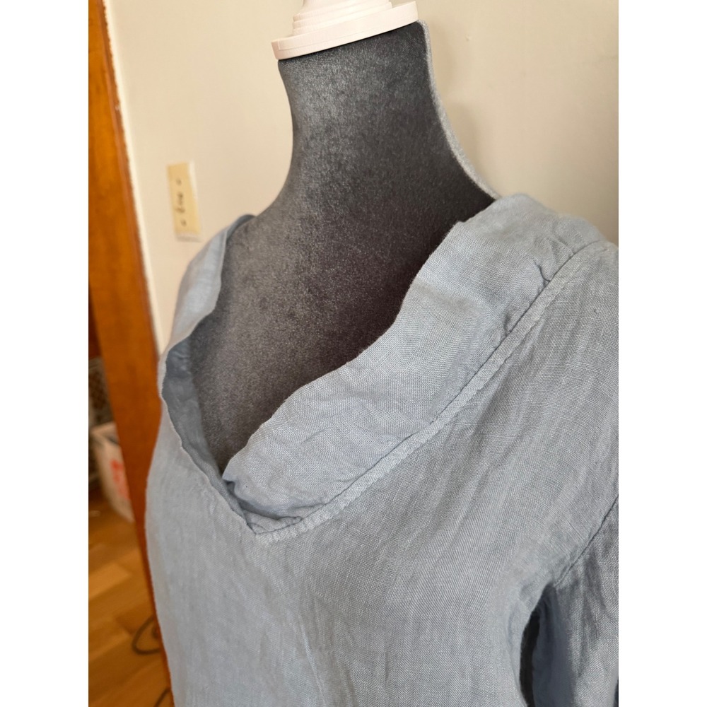 Gigi Moda Italy Blue Linen V-Neck Tunic Top Long Sleeve Lagenlook coastal beachy - Picture 4 of 10